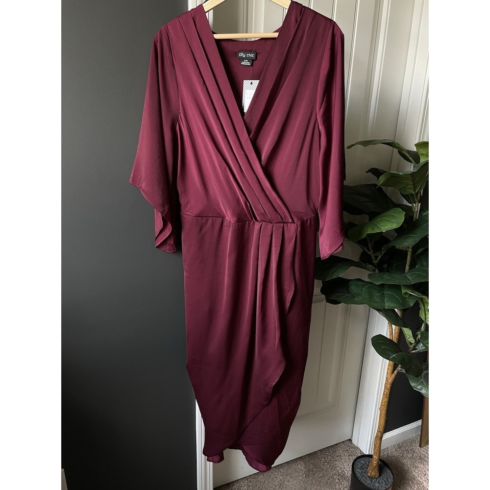City Chic Bordeaux Satin Wrap Faux Midi Dress S/16 V-Neck Lined 3/4 Sleeve Wine